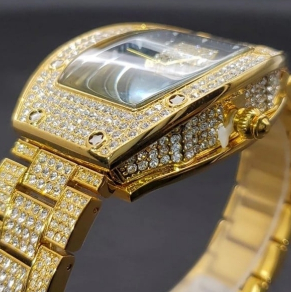 Mens Goldplated Iced Out Simulated Diamond Waterproof Quartz Movement Watch - Picture 8 of 12